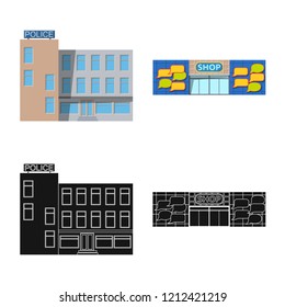 Vector illustration of building and front symbol. Set of building and roof stock vector illustration.
