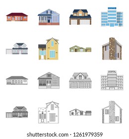 Vector illustration of building and front symbol. Set of building and roof vector icon for stock.