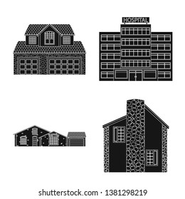 Vector illustration of building and front symbol. Collection of building and roof stock symbol for web.