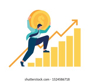 Vector illustration, building and growing money profit, career growth to success, flat color icons, business