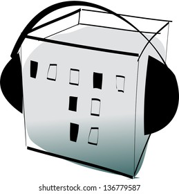 Vector illustration of a building with headphones