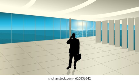Vector illustration building interior and man phoning