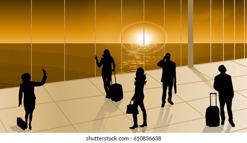 Vector illustration building interior at sunset and people