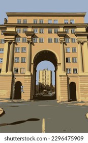 Vector illustration. A building with a large arch. Historical building. Architecture, arch, gate. View through the historic building to the new architecture. Prefab house, cars, trees, city, facade.