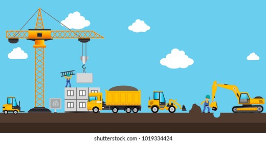 Vector illustration. Building. Men builders and construction equipment.