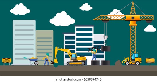 Vector illustration. Building. Men builders and construction equipment.