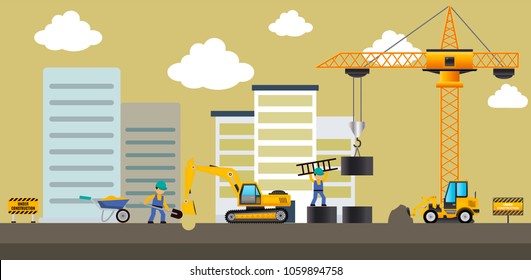 Vector illustration. Building. Men builders and construction equipment.