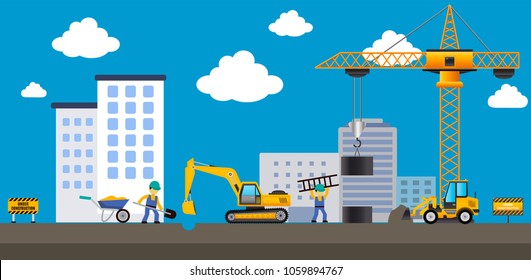 Vector illustration. Building. Men builders and construction equipment.