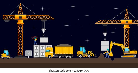 Vector illustration. Building. Men builders and construction equipment.