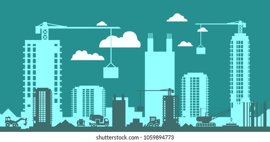 Vector illustration. Building. Men builders and construction equipment.