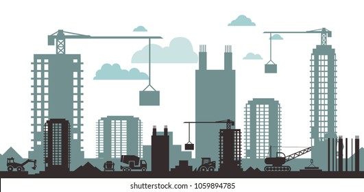 Vector illustration. Building. Men builders and construction equipment.