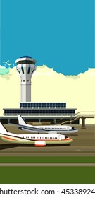 vector illustration of a building near the airport runway and aircraft