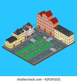 vector illustration. the building of old architecture. Alley in the Park. City street with cars. Infographics, isometric, 3D
