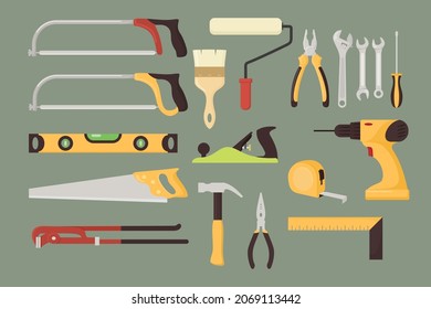 Vector illustration of building repair tools icon, set of yellow carpentry tools isolated on white background