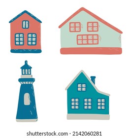 Vector illustration with building of sea town: 3 cartoon houses and lighthouse isolated on a white background. Elements for your design.