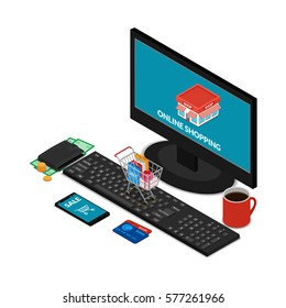 Vector illustration. The building of the shop on the computer screen. Shopping cart with bags and boxes with gifts on the keyboard. Isometric, 3D. E-Commerce. Purse, Cup, Bank card.