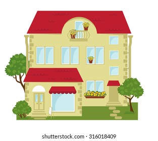 vector illustration of building with shops on the ground floor and lawn