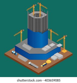 vector illustration. building site with building under construction skyscraper. A concrete mixer, crane, truck with building materials. isometric, infographic