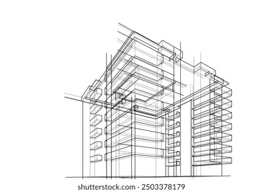 Ilustración vectorial del bosquejo del edificio en el fondo blanco 