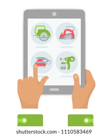 Vector illustration of building tools on a tablet computer. Purchase of construction tools on web sites.