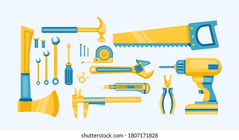 Vector illustration of building tools repair collection. Suitable for industrial icon, poster, infographic. Hammer, saw, screwdriver, cutter, construction tools.