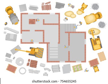 Vector illustration. Building top view. Construction, construction equipment, building materials, builders. View from above.