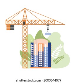 Vector illustration, a building under construction and a crane nearby