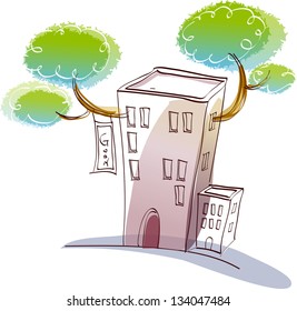 Vector illustration of a building with vegetation