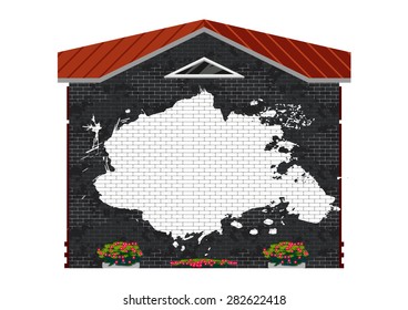 Vector illustration of building wall with place for text. Facade view of black brick building. Can be used as hospital, hotel, mall, pastry shop, or dwelling house for games and mobile apps.