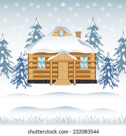 Vector illustration of the building in wood in winter