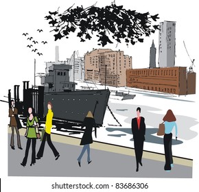 Vector illustration of buildings along Thames River, London England