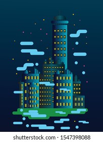 Vector illustration of buildings and apartments at night
