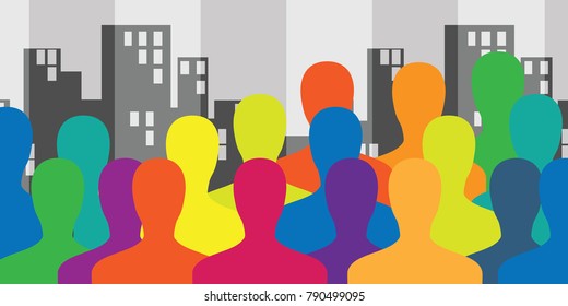 vector illustration of buildings or city and colorful rainbow people