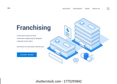 Vector illustration of buildings of company branch offices representing franchising business expansion strategy near description and link button on banner. Isometric web banner, landing page template