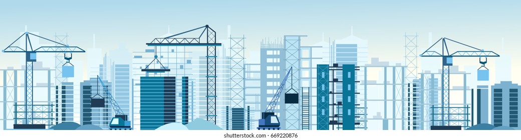 Vector illustration of buildings constructions site and cranes banner. skyscraper under construction. excavator, tipper at sky background in flat style.