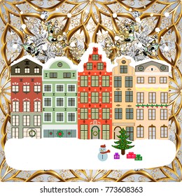 Vector illustration. Buildings and facades. Classic European houses landscape with Christmas holiday decorations. Snowfall on Christmas eve. Winter day in cosy town street scene.