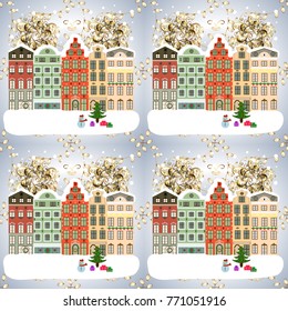 Vector illustration. Buildings and facades. Snowfall on Christmas eve. Winter day in cosy town street scene. Classic European houses landscape with Christmas holiday decorations. Vector illustration.