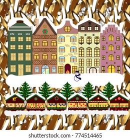 Vector illustration. Buildings and facades. Vector illustration. Snowfall on Christmas eve. Winter day in cosy town street scene. Classic European houses landscape with Christmas holiday decorations.