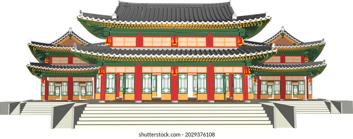Vector illustration of buildings in Korean, Japanese, Chinese style, old-fashioned