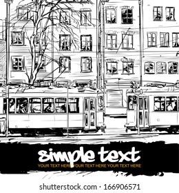 Vector illustration with buildings and old tram.