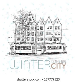 Vector illustration with buildings and old tram.