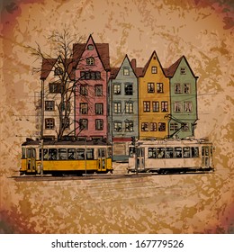 Vector illustration with buildings and old tram.