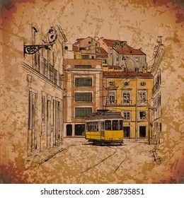 Vector illustration with buildings and old tram.
