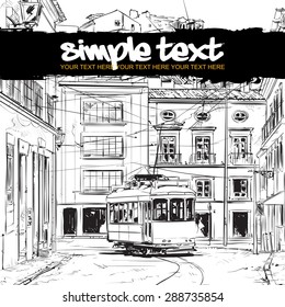 Vector illustration with buildings and old tram.