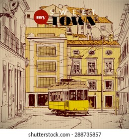 Vector illustration with buildings and old tram.