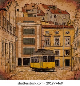 Vector illustration with buildings and old tram.