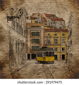 Vector illustration with buildings and old tram.