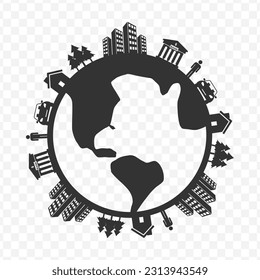 Vector illustration of buildings on earth icon in dark color and transparent background(png).