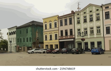 Vector illustration of buildings on the historic square. City historical square. Buildings built next to each other. City exterior. Cars parked in front of houses. Urban vector background.