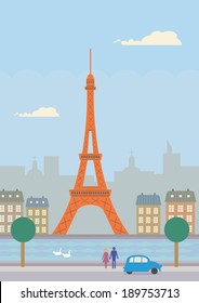 A vector illustration of buildings in Paris, France.